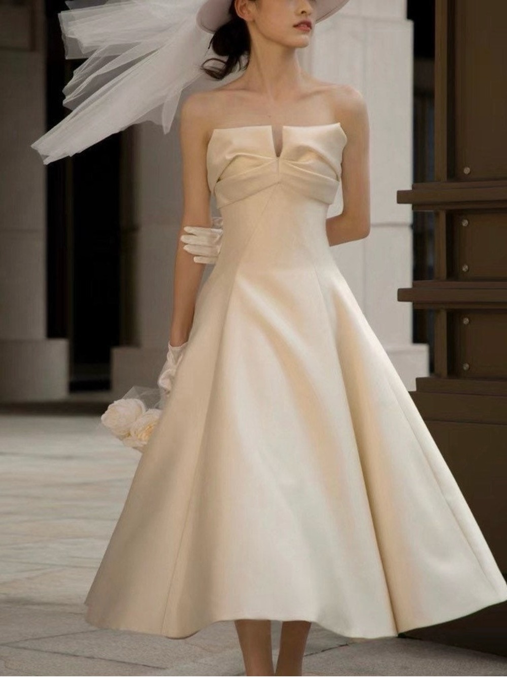 Strapless Cream A-Line Midi Dress